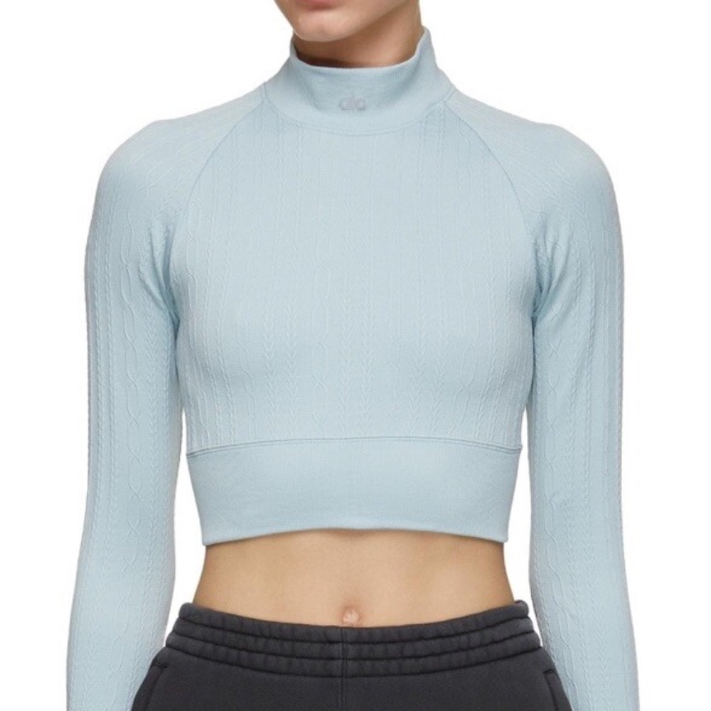 ALO Yoga Seamless Cable Knit Long Sleeve Crop Top Blue Small